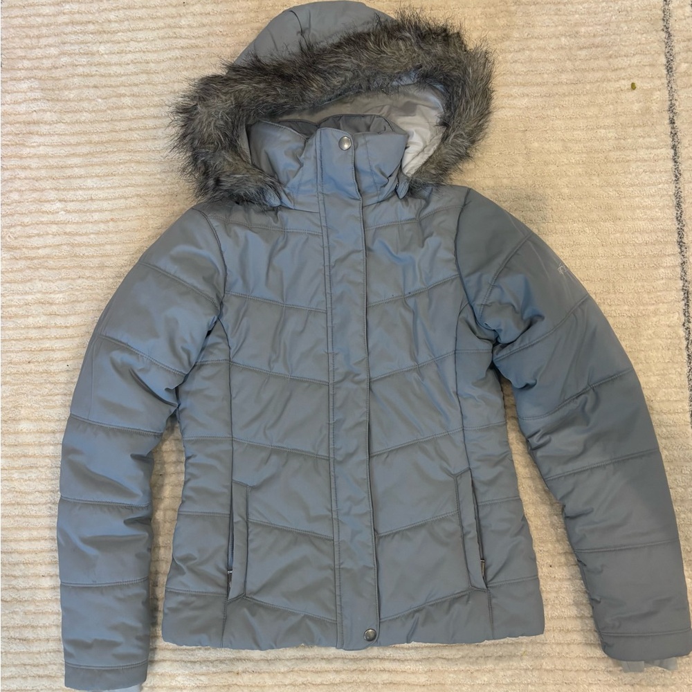 Women's Columbia “Simply Snowy II” Gray Puffer Jacket with Faux Fur Hood Size XS
